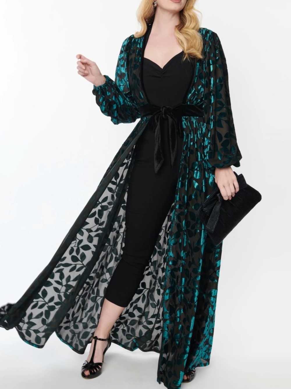 Unique Vintage Emerald Leaf Devore Velvet Hollywood Duster